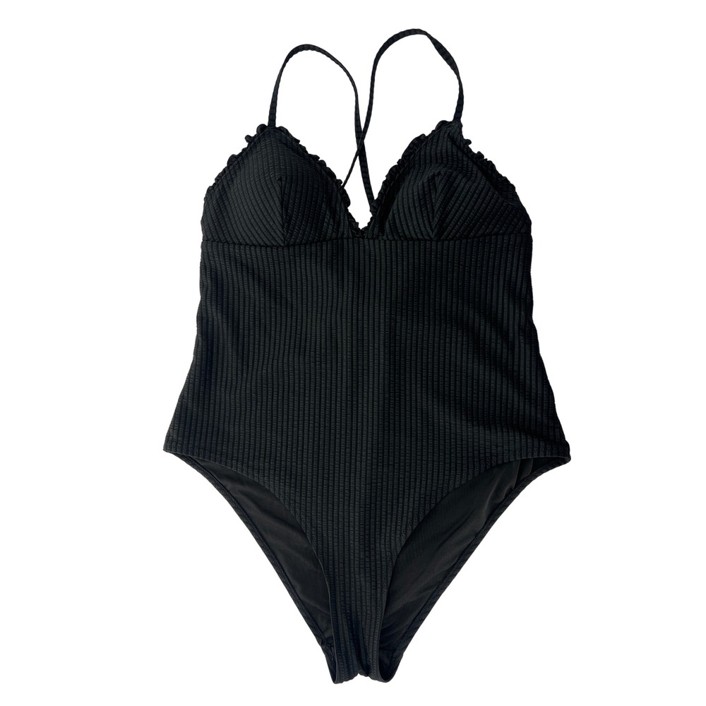 H&M Ribbed One Piece Swimsuit Black Padded Bust Adjustable Straps Large